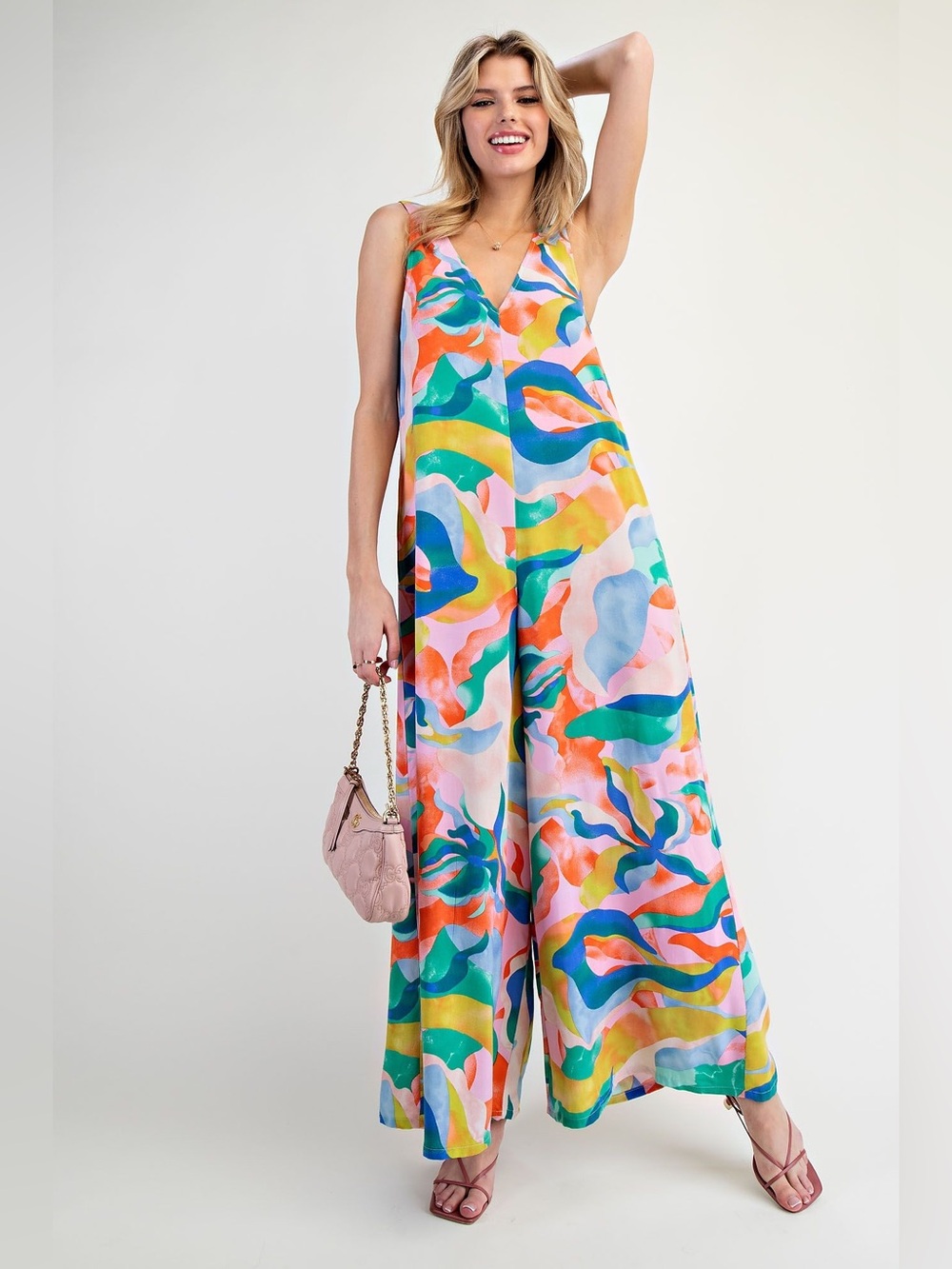 Easel V NECK PRINTED RAYON CHALLIS JUMPSUIT PANTS